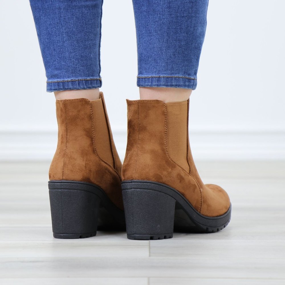 Chelsea Chunky Block High Heel Above Ankle Boots Brown Synthetic Suede - Picture 7 of 12